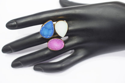 Chunky Coloured Druzy 3 Stone Ring, Adjustable Statement Ring, Ready Component, Sold By Piece, 34055