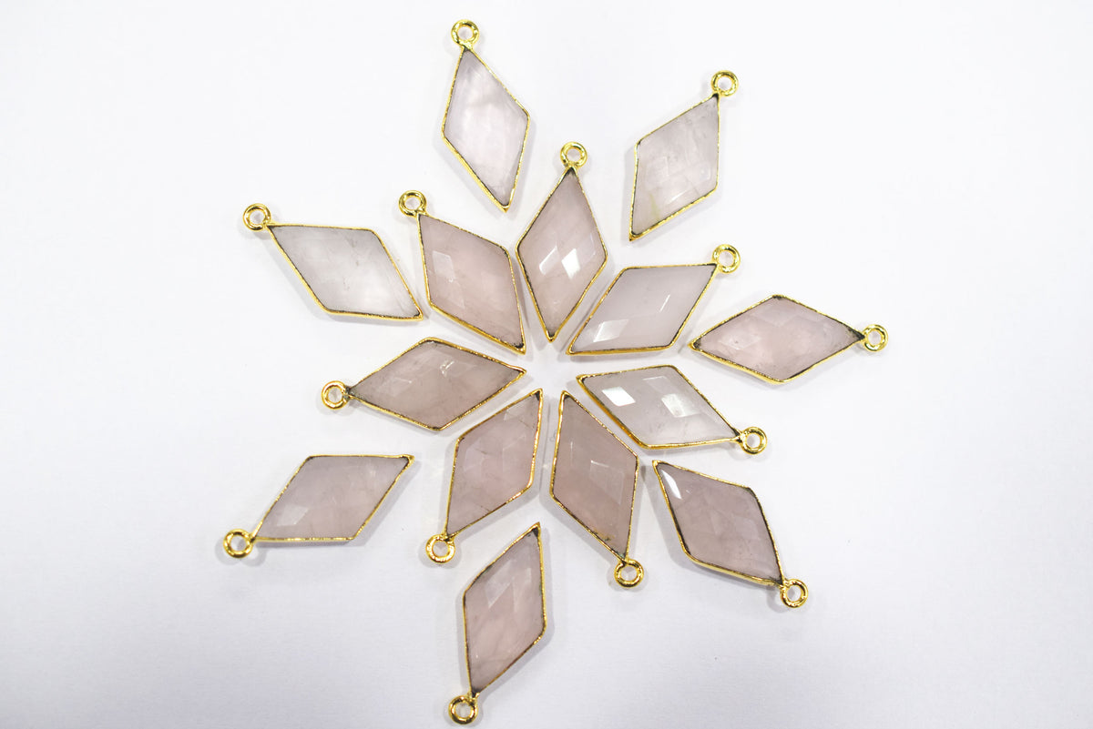 Natural Rose Quartz Faceted Diamond Shape Single & Double Bail Connector, Sold By Piece , 10x20 - 11x21 mm ,34056