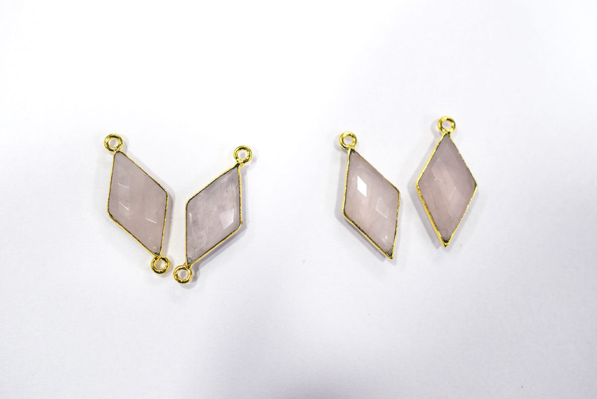 Natural Rose Quartz Faceted Diamond Shape Single & Double Bail Connector, Sold By Piece , 10x20 - 11x21 mm ,34056