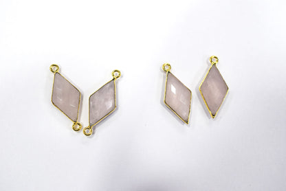 Natural Rose Quartz Faceted Diamond Shape Single & Double Bail Connector, Sold By Piece , 10x20 - 11x21 mm ,34056