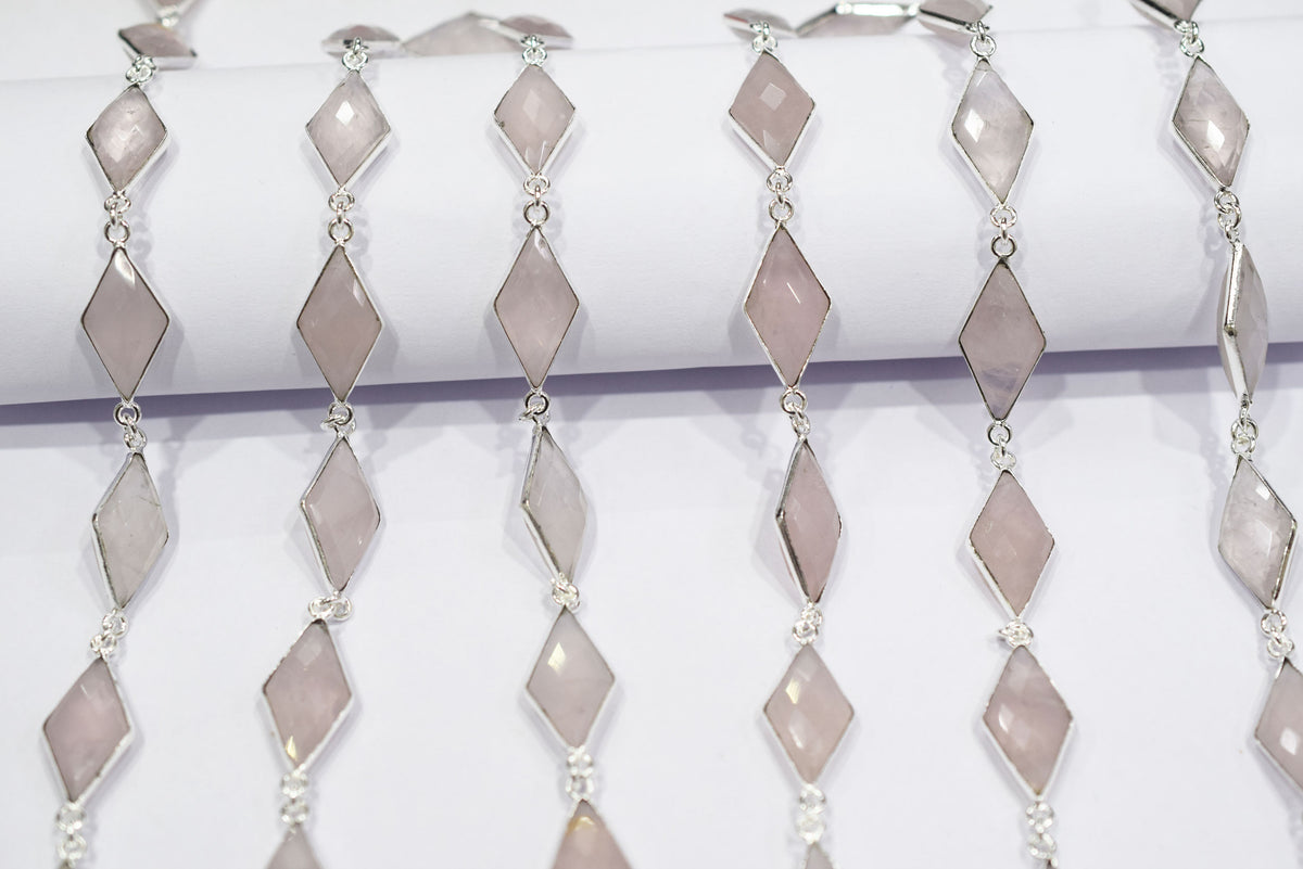 Natural Rose Quartz Faceted Diamond Shape Connector Chain, Sold by Foot, 10x18 - 11x20 mm, 34057