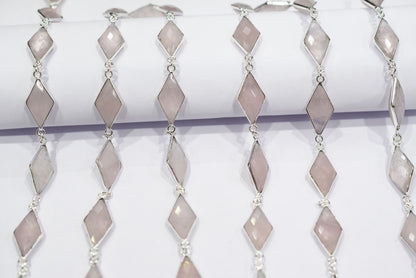 Natural Rose Quartz Faceted Diamond Shape Connector Chain, Sold by Foot, 10x18 - 11x20 mm, 34057