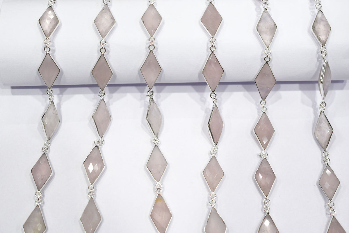 Natural Rose Quartz Faceted Diamond Shape Connector Chain, Sold by Foot, 10x18 - 11x20 mm, 34057
