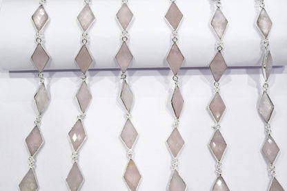 Natural Rose Quartz Faceted Diamond Shape Connector Chain, Sold by Foot, 10x18 - 11x20 mm, 34057