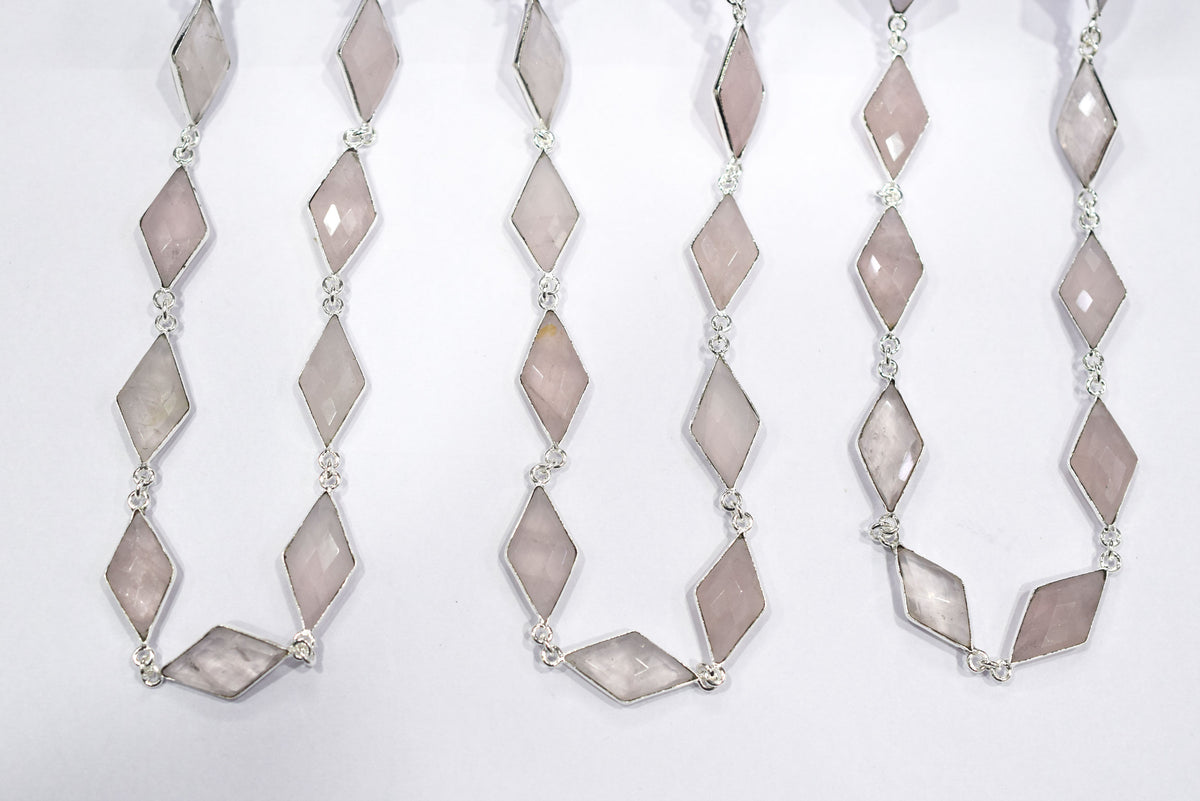 Natural Rose Quartz Faceted Diamond Shape Connector Chain, Sold by Foot, 10x18 - 11x20 mm, 34057