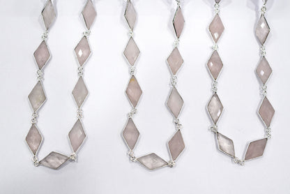 Natural Rose Quartz Faceted Diamond Shape Connector Chain, Sold by Foot, 10x18 - 11x20 mm, 34057