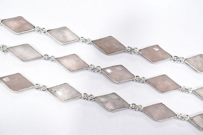 Natural Rose Quartz Faceted Diamond Shape Connector Chain, Sold by Foot, 10x18 - 11x20 mm, 34057