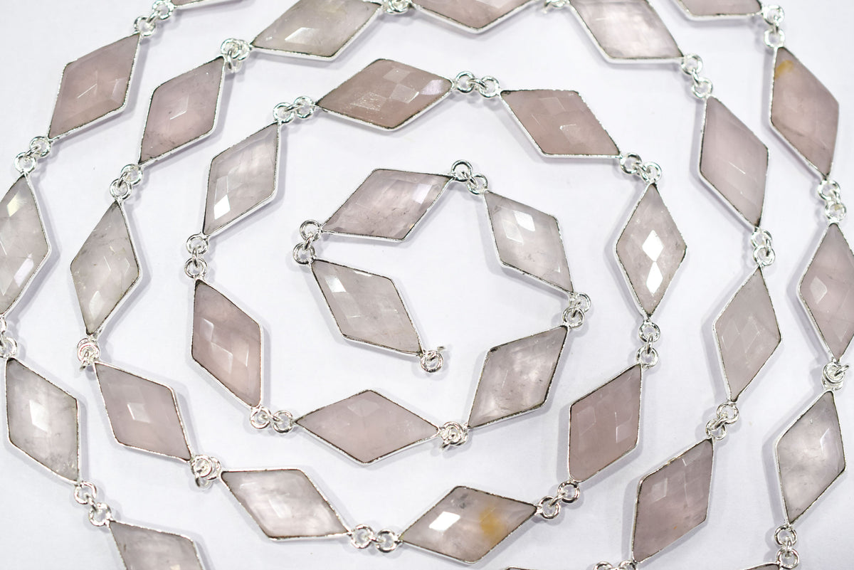 Natural Rose Quartz Faceted Diamond Shape Connector Chain, Sold by Foot, 10x18 - 11x20 mm, 34057