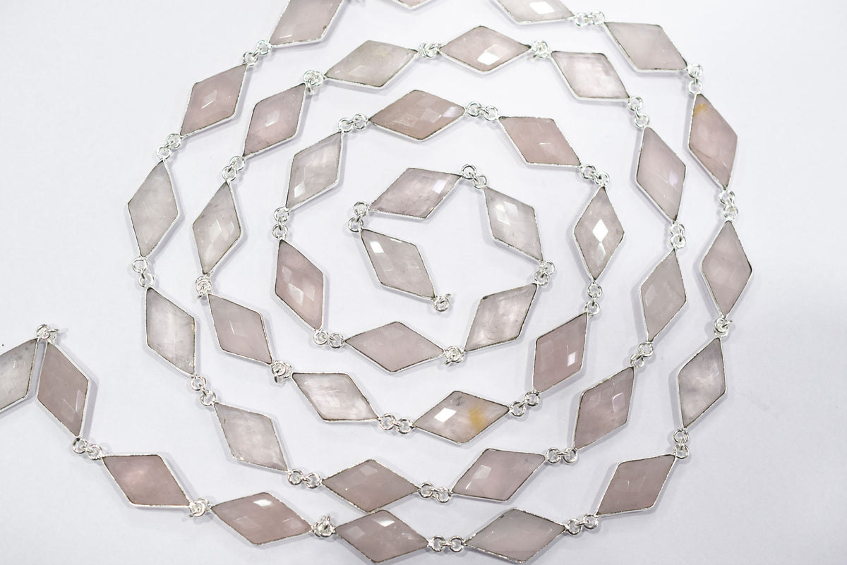 Natural Rose Quartz Faceted Diamond Shape Connector Chain, Sold by Foot, 10x18 - 11x20 mm, 34057