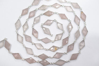 Natural Rose Quartz Faceted Diamond Shape Connector Chain, Sold by Foot, 10x18 - 11x20 mm, 34057