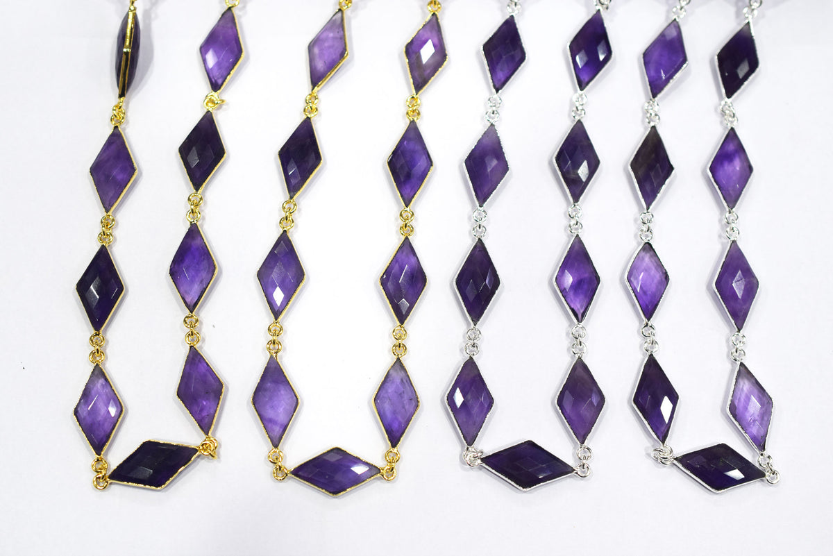 Natural Amethyst Faceted Diamond Shape Connector Chain, Sold by Foot, 10x20 - 11x21 mm, 34059