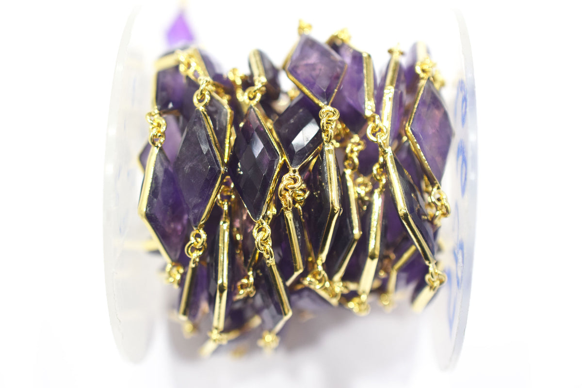 Natural Amethyst Faceted Diamond Shape Connector Chain, Sold by Foot, 10x20 - 11x21 mm, 34059