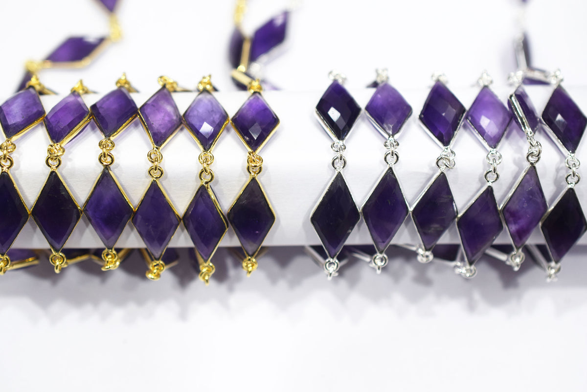 Natural Amethyst Faceted Diamond Shape Connector Chain, Sold by Foot, 10x20 - 11x21 mm, 34059