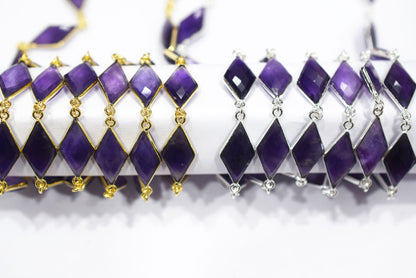 Natural Amethyst Faceted Diamond Shape Connector Chain, Sold by Foot, 10x20 - 11x21 mm, 34059