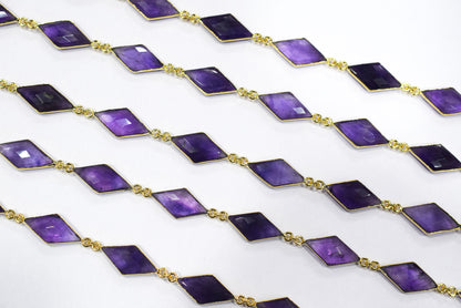 Natural Amethyst Faceted Diamond Shape Connector Chain, Sold by Foot, 10x20 - 11x21 mm, 34059