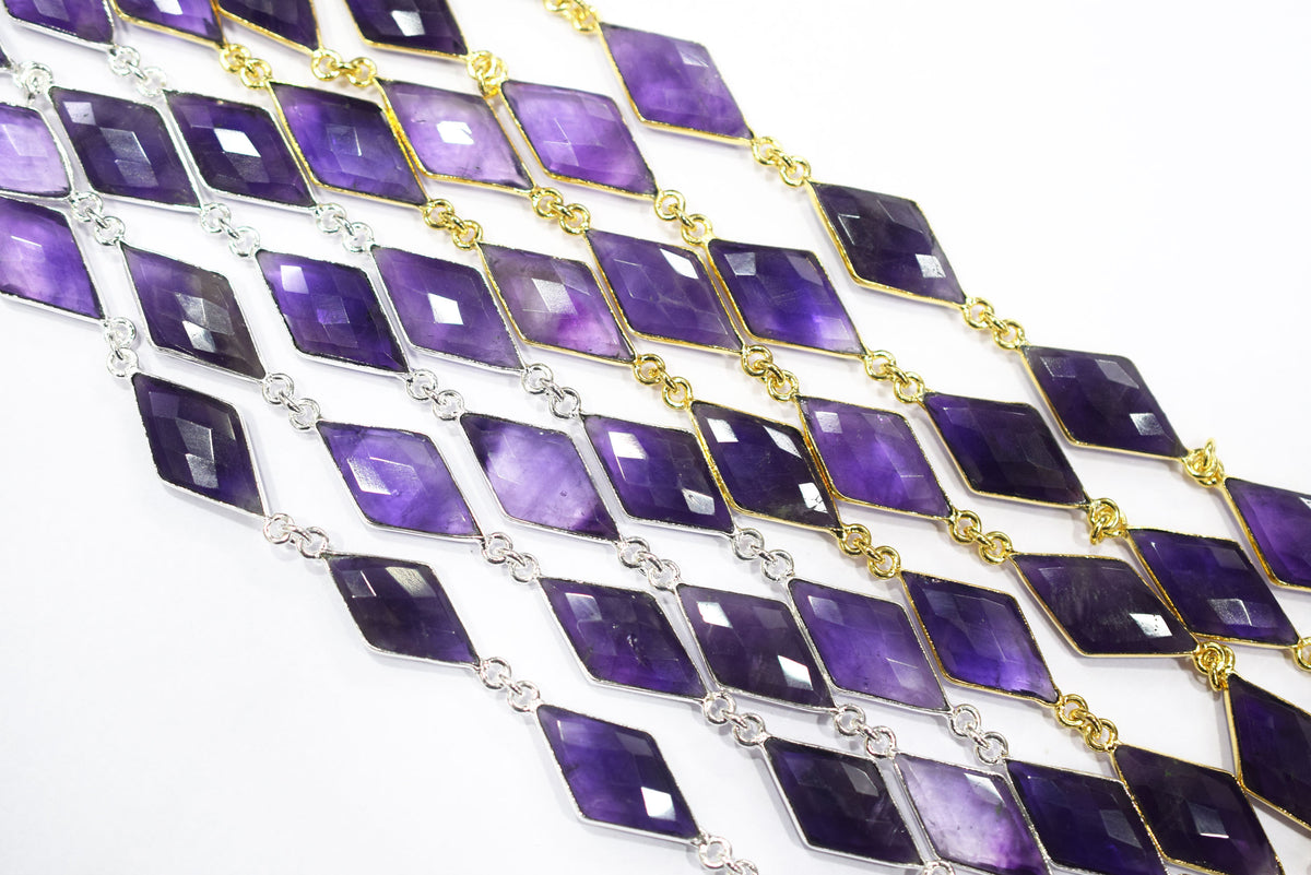 Natural Amethyst Faceted Diamond Shape Connector Chain, Sold by Foot, 10x20 - 11x21 mm, 34059