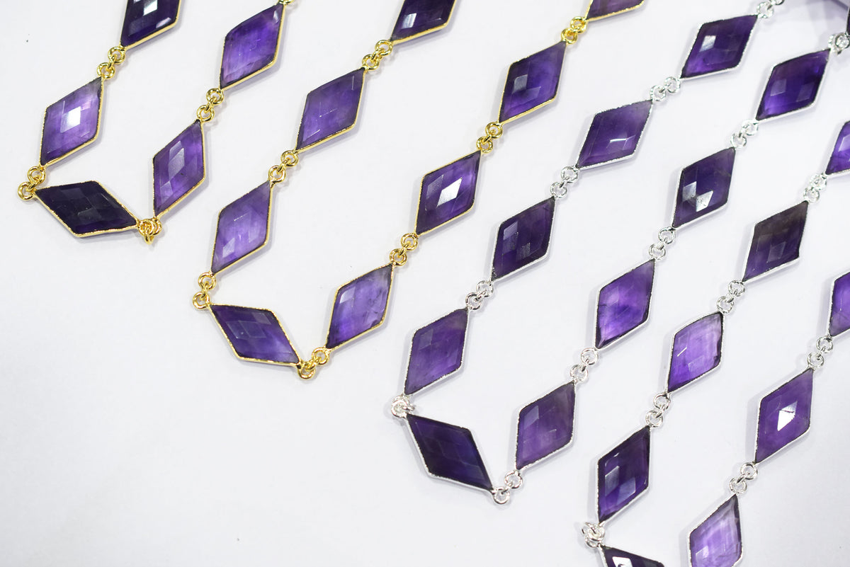 Natural Amethyst Faceted Diamond Shape Connector Chain, Sold by Foot, 10x20 - 11x21 mm, 34059