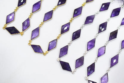 Natural Amethyst Faceted Diamond Shape Connector Chain, Sold by Foot, 10x20 - 11x21 mm, 34059