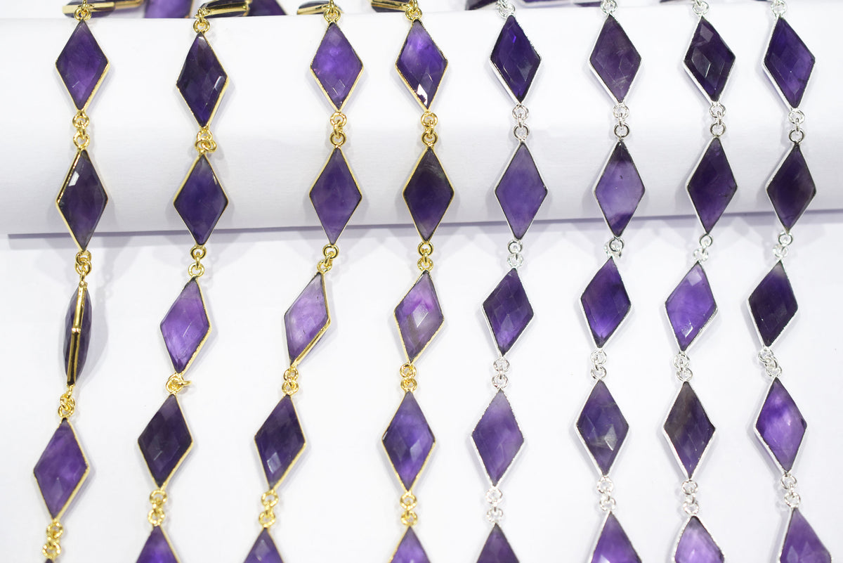 Natural Amethyst Faceted Diamond Shape Connector Chain, Sold by Foot, 10x20 - 11x21 mm, 34059