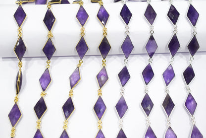 Natural Amethyst Faceted Diamond Shape Connector Chain, Sold by Foot, 10x20 - 11x21 mm, 34059