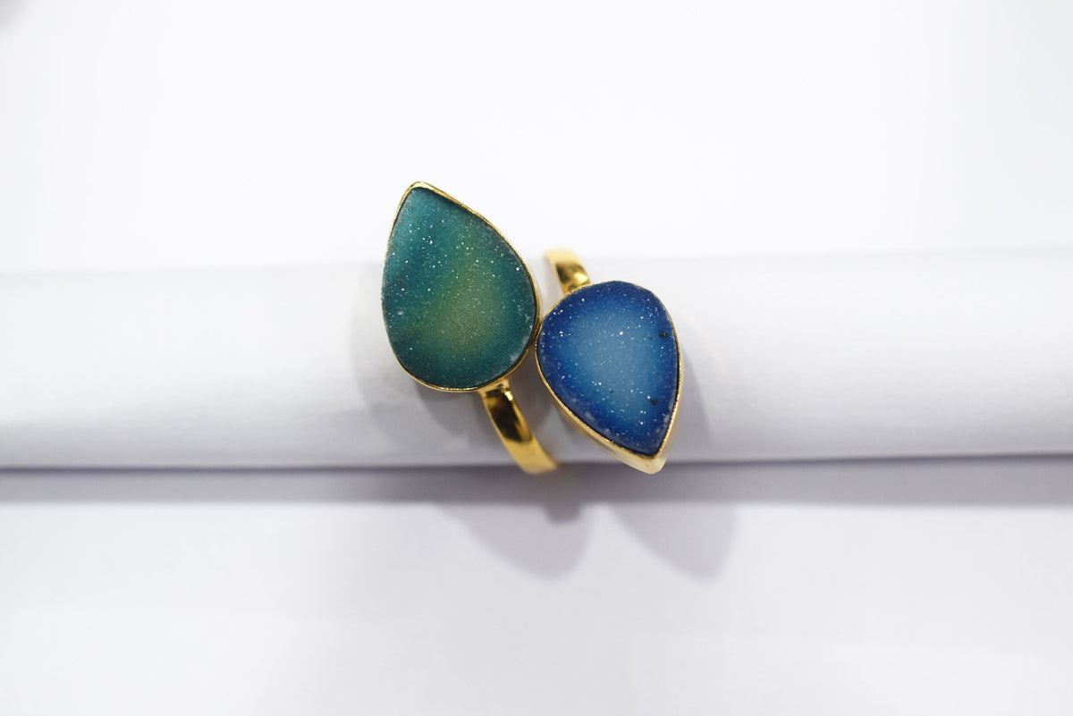 Chunky Coloured Druzy 2 Stone Ring, Adjustable Statement Ring, Ready Component, Sold By Piece, 34061