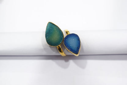 Chunky Coloured Druzy 2 Stone Ring, Adjustable Statement Ring, Ready Component, Sold By Piece, 34061