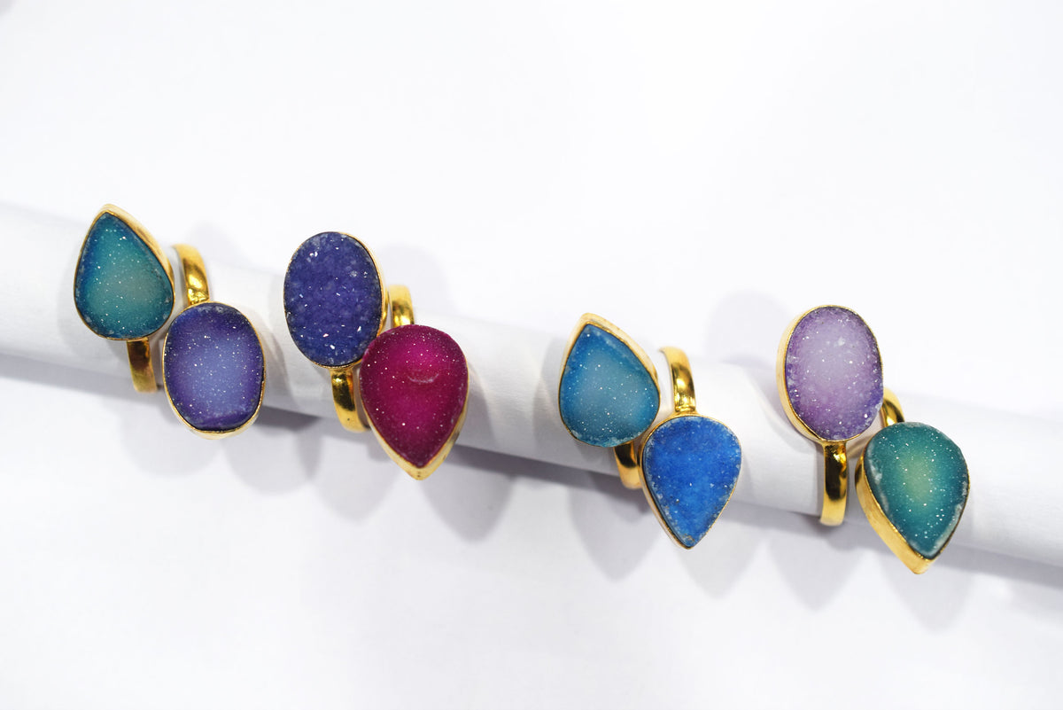 Chunky Coloured Druzy 2 Stone Ring, Adjustable Statement Ring, Ready Component, Sold By Piece, 34061