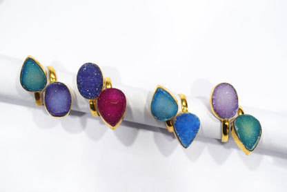 Chunky Coloured Druzy 2 Stone Ring, Adjustable Statement Ring, Ready Component, Sold By Piece, 34061