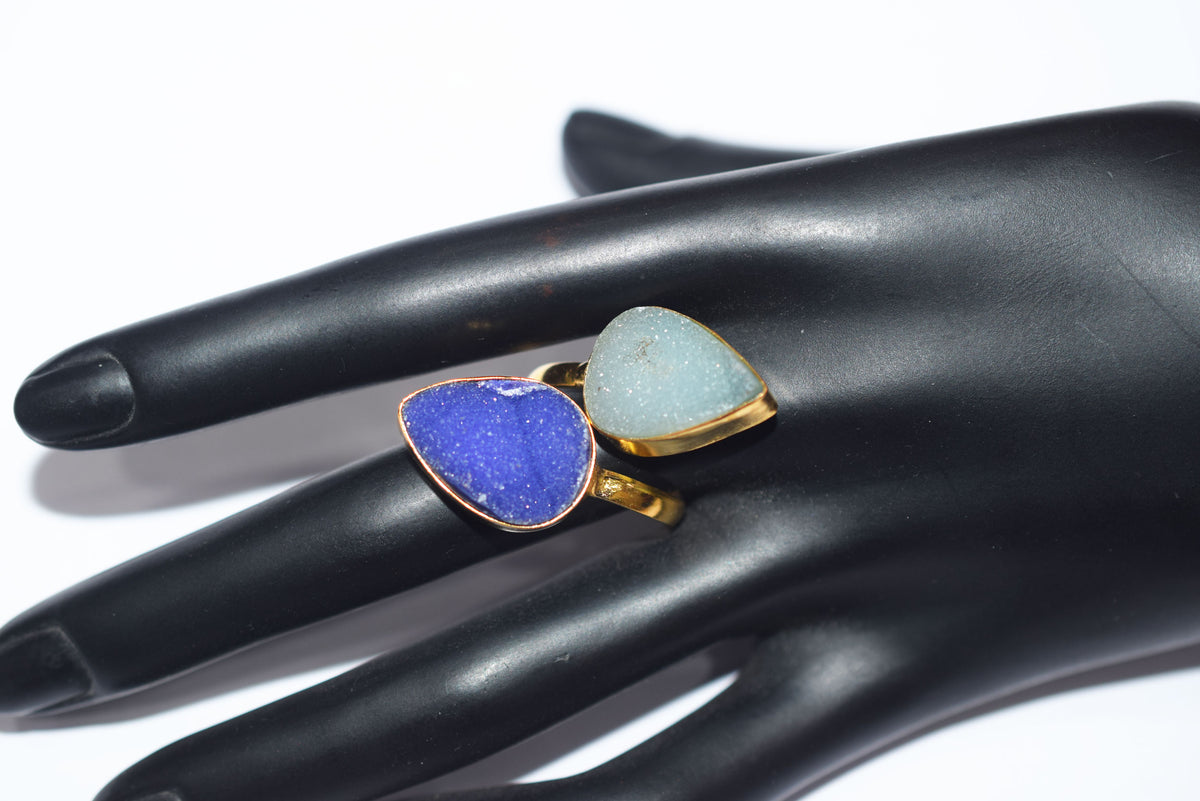 Chunky Coloured Druzy 2 Stone Ring, Adjustable Statement Ring, Ready Component, Sold By Piece, 34061