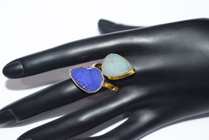 Chunky Coloured Druzy 2 Stone Ring, Adjustable Statement Ring, Ready Component, Sold By Piece, 34061