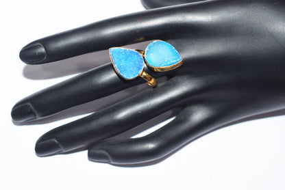 Chunky Coloured Druzy 2 Stone Ring, Adjustable Statement Ring, Ready Component, Sold By Piece, 34061