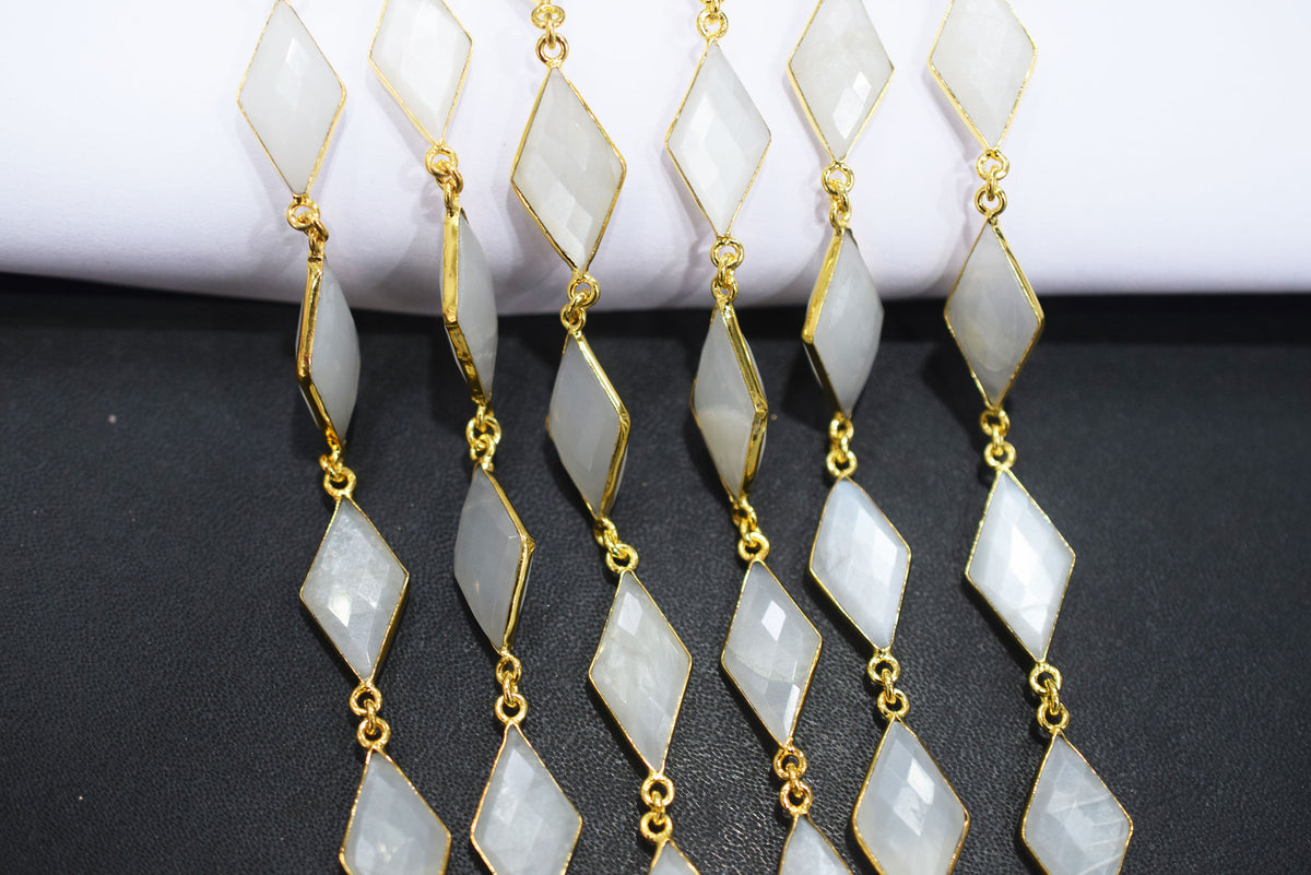 White Moonstone Faceted Diamond Shape Connector Chain, Sold by Foot, 10x20 - 11x21 mm, 34062