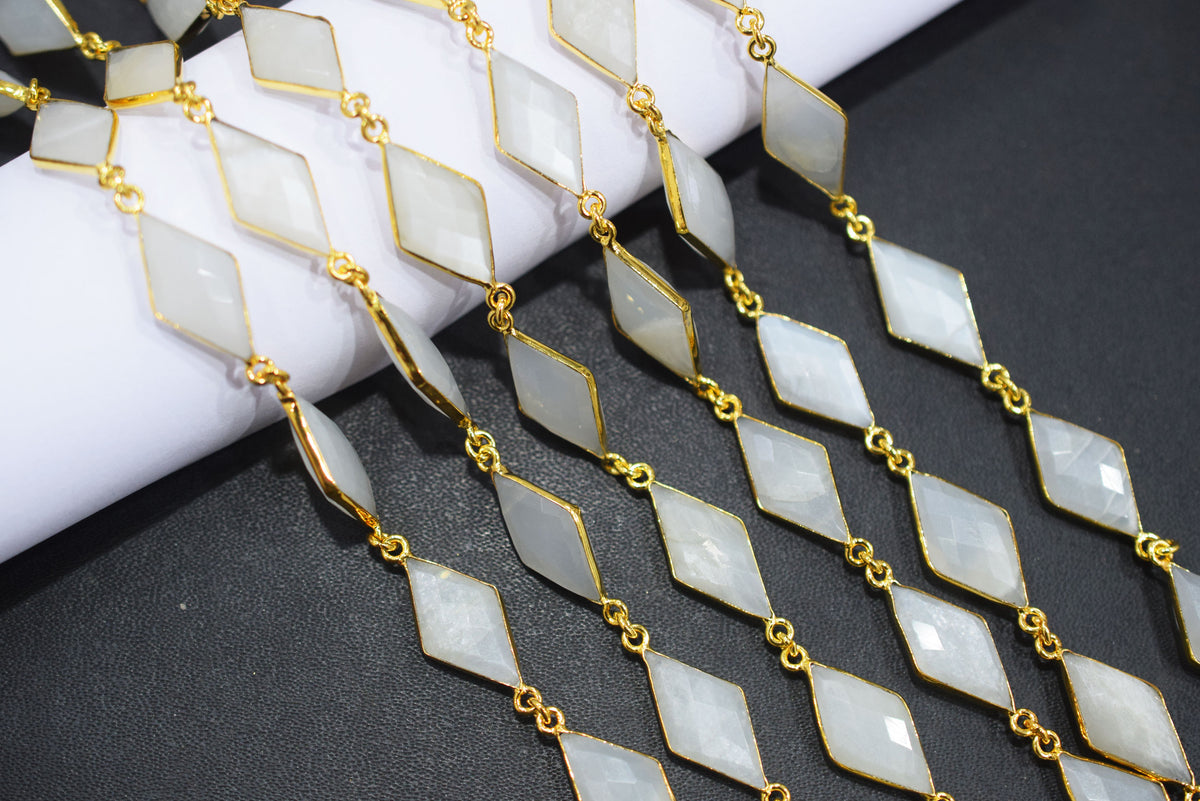 White Moonstone Faceted Diamond Shape Connector Chain, Sold by Foot, 10x20 - 11x21 mm, 34062