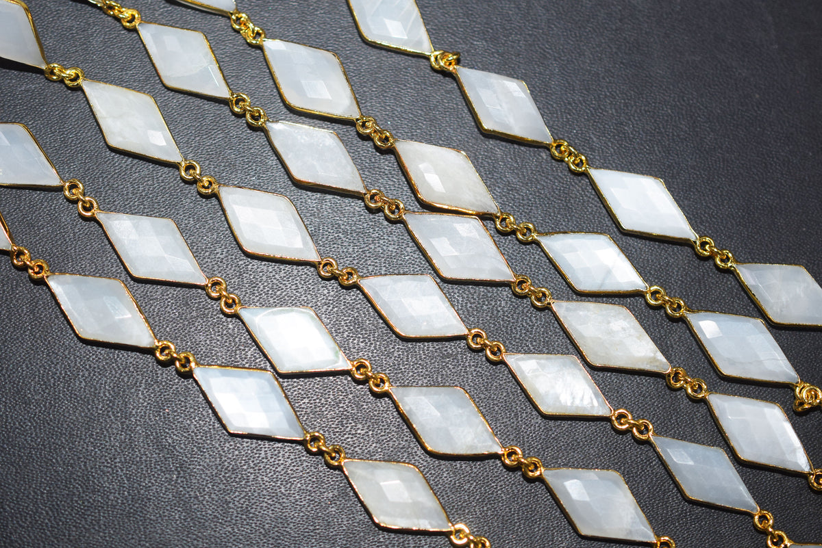 White Moonstone Faceted Diamond Shape Connector Chain, Sold by Foot, 10x20 - 11x21 mm, 34062