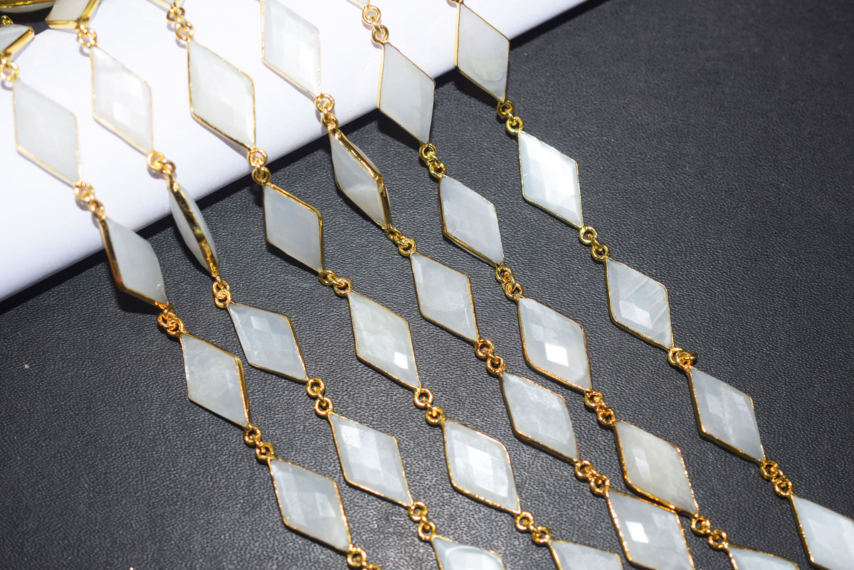 White Moonstone Faceted Diamond Shape Connector Chain, Sold by Foot, 10x20 - 11x21 mm, 34062
