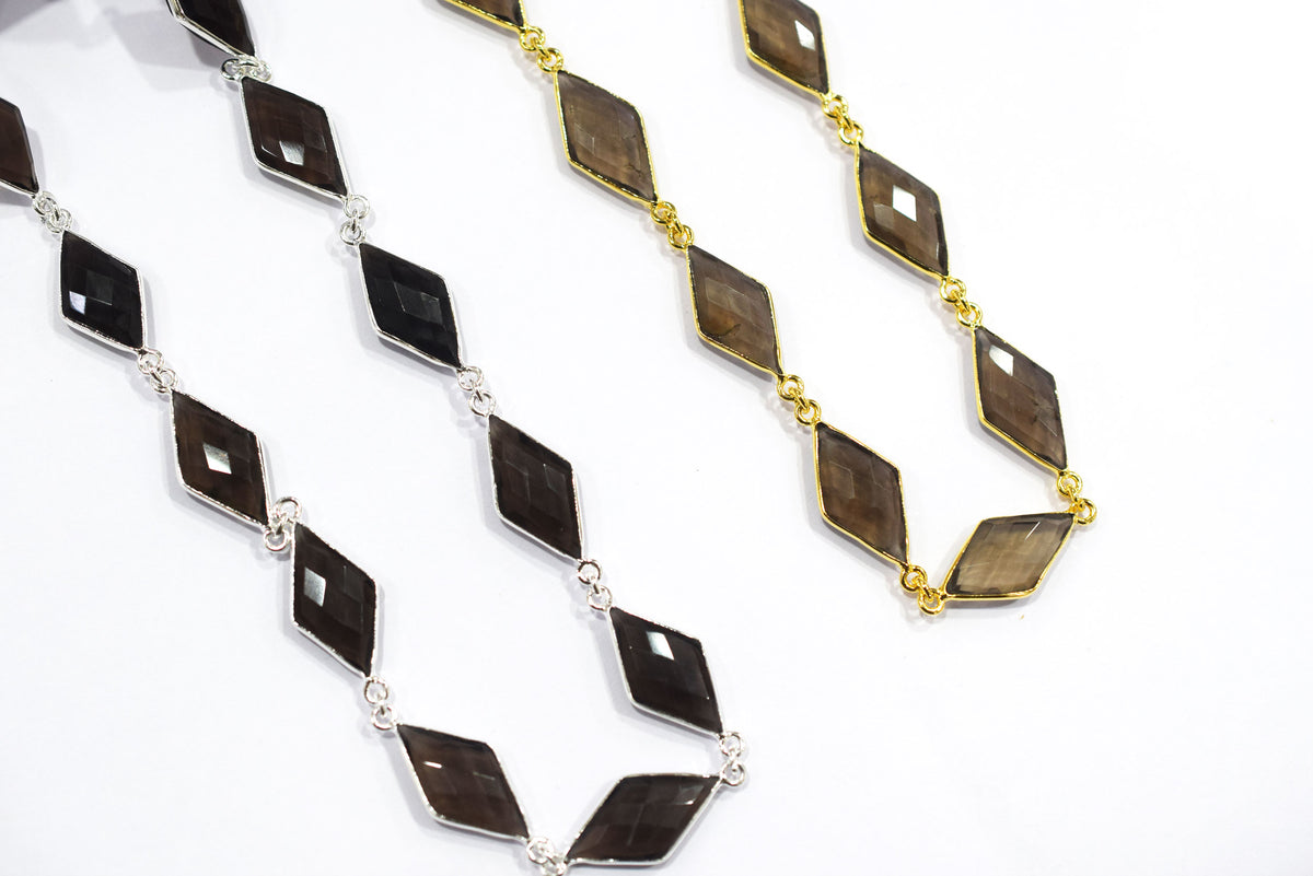Natural Smoky Faceted Diamond Shape Connector Chain, Smoky Quartz Bezel Connector Chain, Sold by Foot, 10x20 - 11x20 mm, 34064