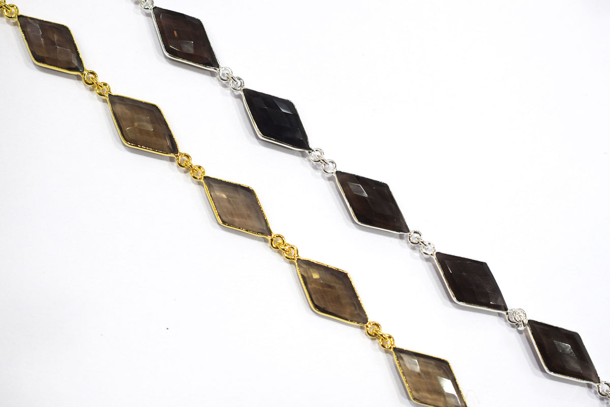 Natural Smoky Faceted Diamond Shape Connector Chain, Smoky Quartz Bezel Connector Chain, Sold by Foot, 10x20 - 11x20 mm, 34064