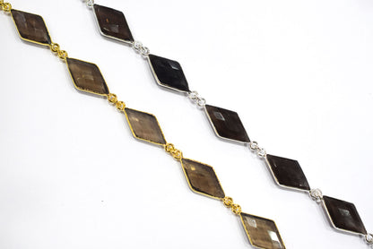 Natural Smoky Faceted Diamond Shape Connector Chain, Smoky Quartz Bezel Connector Chain, Sold by Foot, 10x20 - 11x20 mm, 34064
