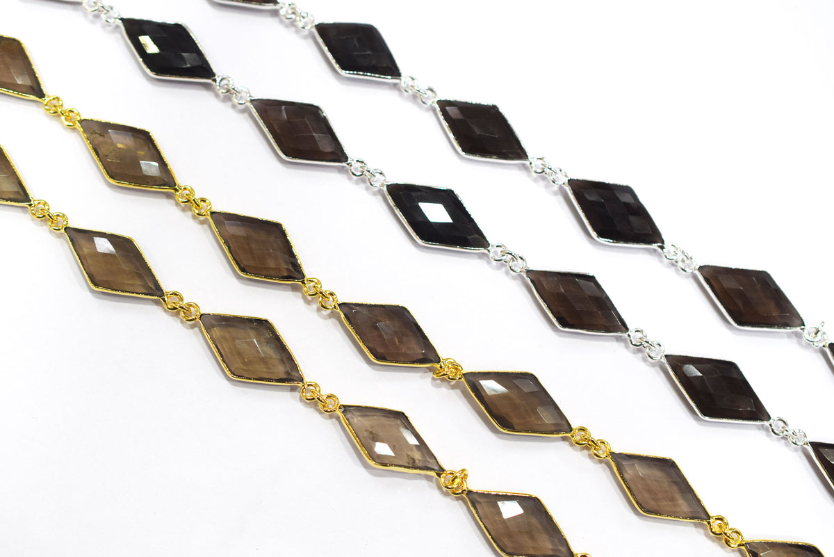 Natural Smoky Faceted Diamond Shape Connector Chain, Smoky Quartz Bezel Connector Chain, Sold by Foot, 10x20 - 11x20 mm, 34064