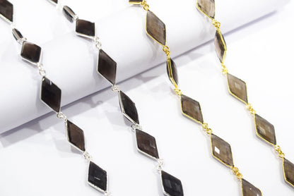 Natural Smoky Faceted Diamond Shape Connector Chain, Smoky Quartz Bezel Connector Chain, Sold by Foot, 10x20 - 11x20 mm, 34064