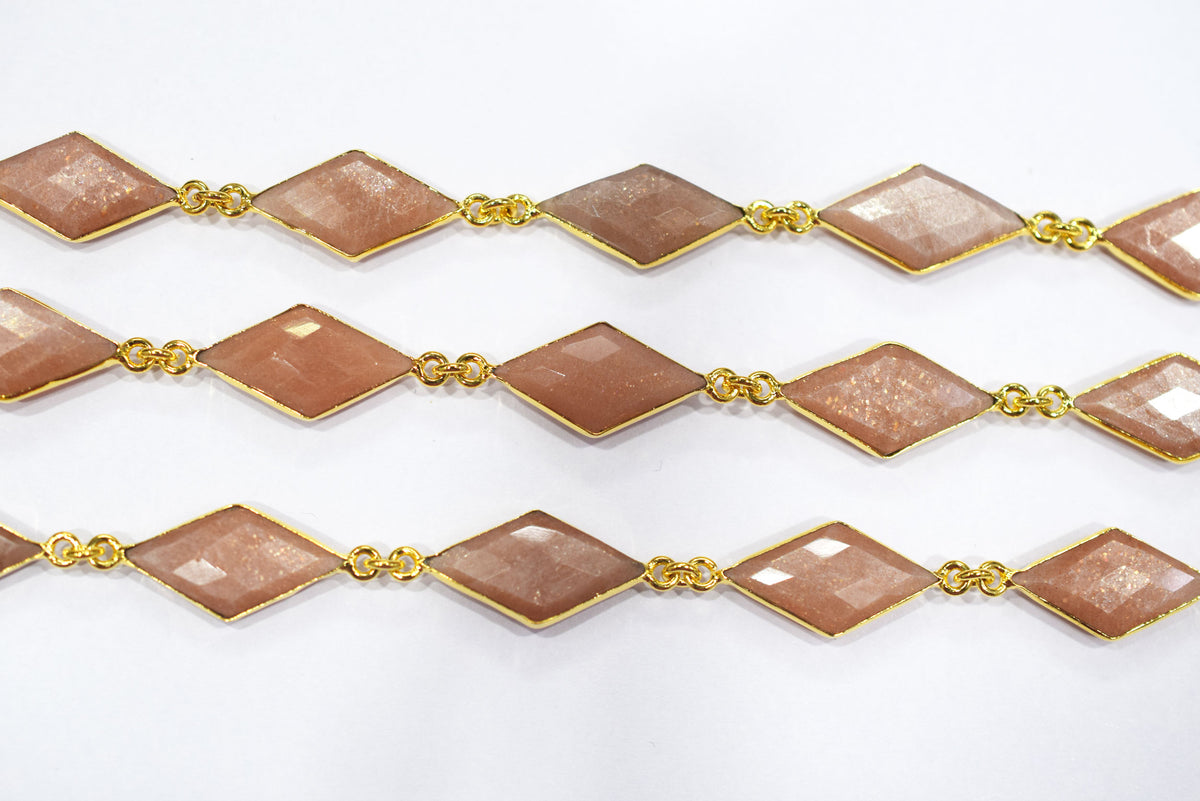 Peach Moonstone Faceted Diamond Shape Connector Chain, Sold by Foot, 10x20 - 11x20 mm, 34066