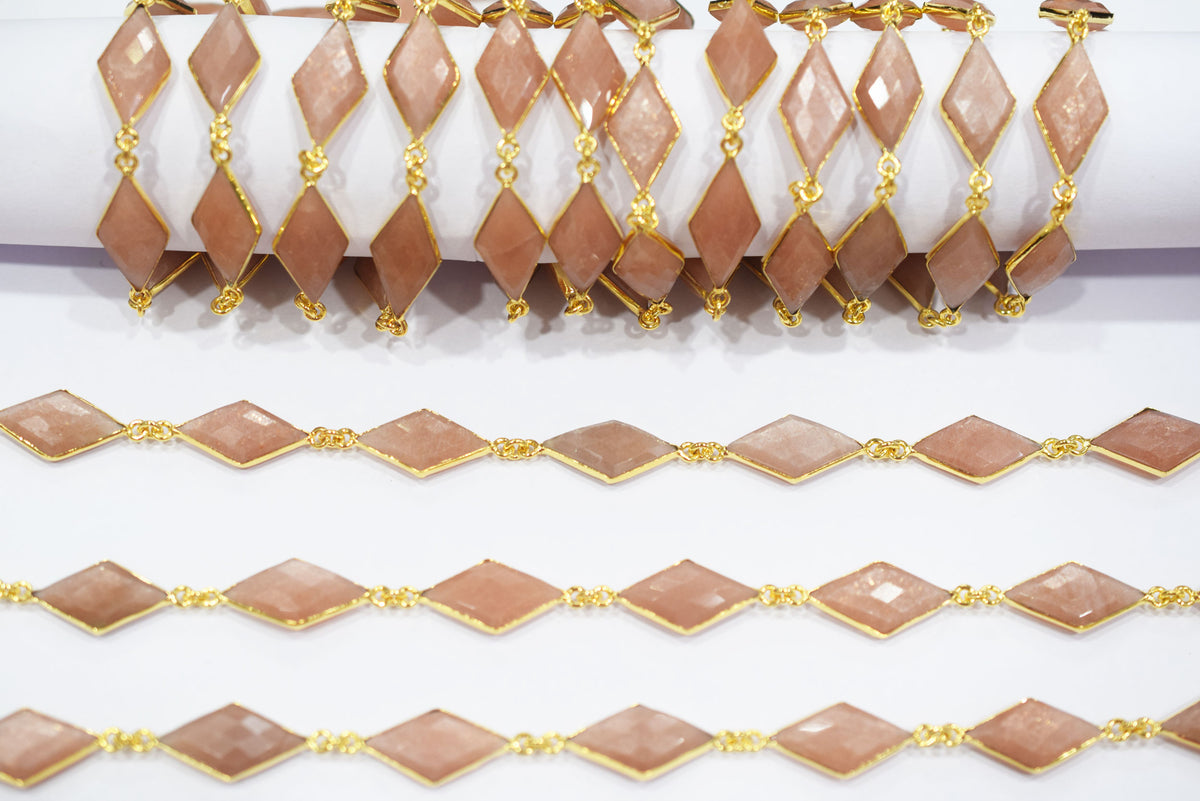Peach Moonstone Faceted Diamond Shape Connector Chain, Sold by Foot, 10x20 - 11x20 mm, 34066