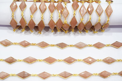 Peach Moonstone Faceted Diamond Shape Connector Chain, Sold by Foot, 10x20 - 11x20 mm, 34066