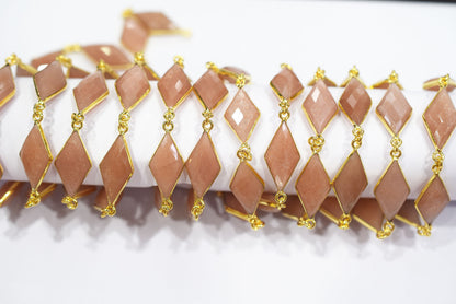 Peach Moonstone Faceted Diamond Shape Connector Chain, Sold by Foot, 10x20 - 11x20 mm, 34066
