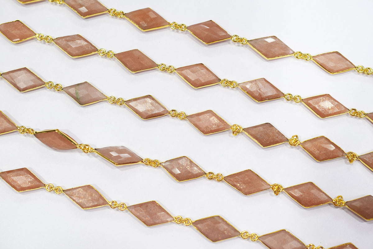 Peach Moonstone Faceted Diamond Shape Connector Chain, Sold by Foot, 10x20 - 11x20 mm, 34066