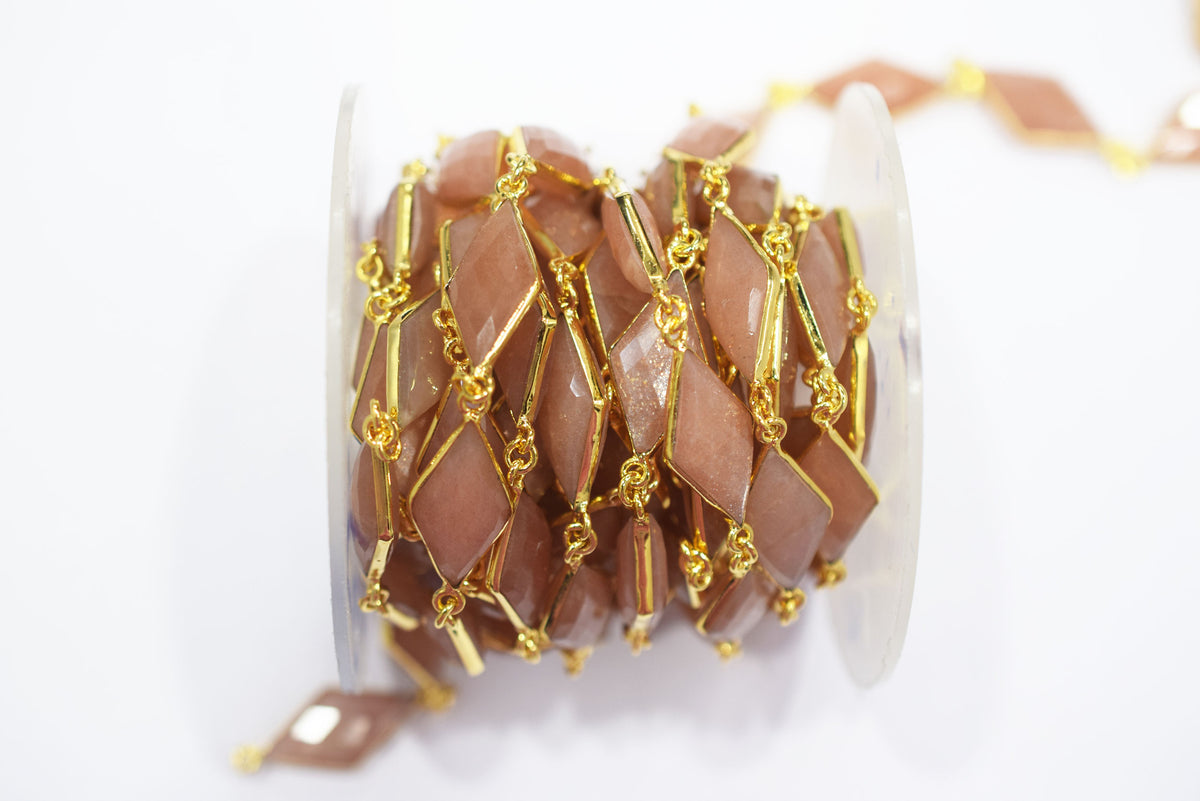 Peach Moonstone Faceted Diamond Shape Connector Chain, Sold by Foot, 10x20 - 11x20 mm, 34066