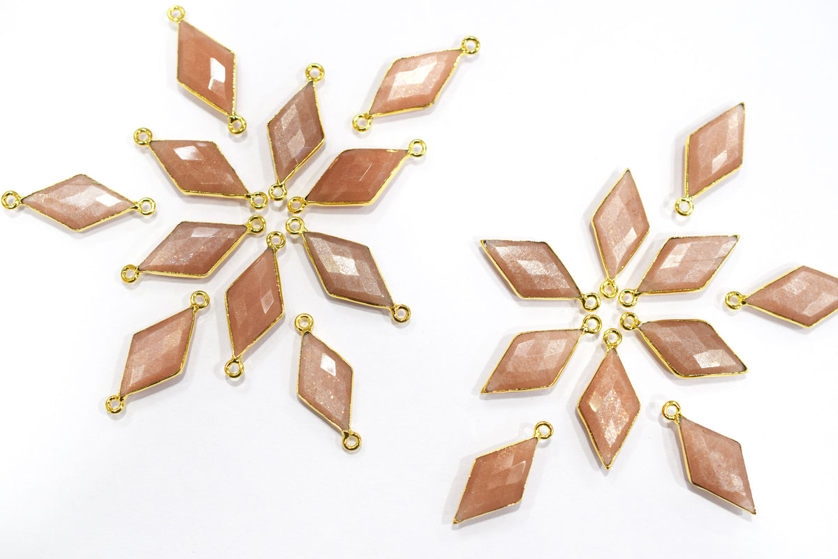 Peach Moonstone Faceted Diamond Shape Single & Double Bail Connector, Sold By Piece , 10x20 - 11x21 mm ,34068