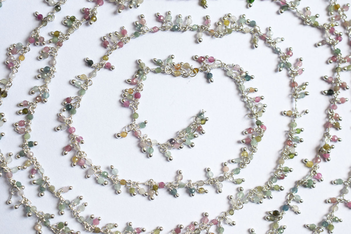 Multi Tourmaline Faceted Round Shape Dangling Style Beaded Chain, Sold by Foot, 2 - 2.5 mm, 34069