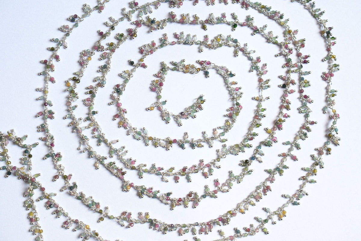 Multi Tourmaline Faceted Round Shape Dangling Style Beaded Chain, Sold by Foot, 2 - 2.5 mm, 34069