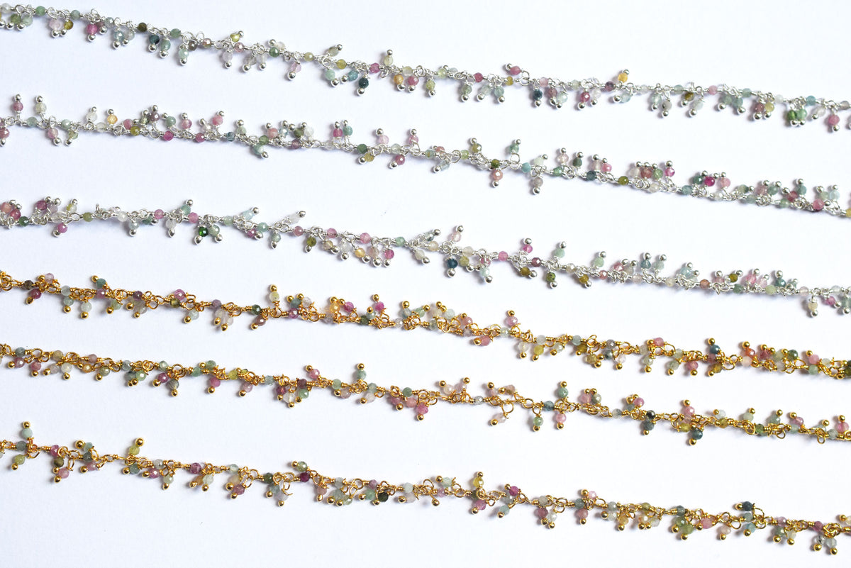 Multi Tourmaline Faceted Round Shape Dangling Style Beaded Chain, Sold by Foot, 2 - 2.5 mm, 34069